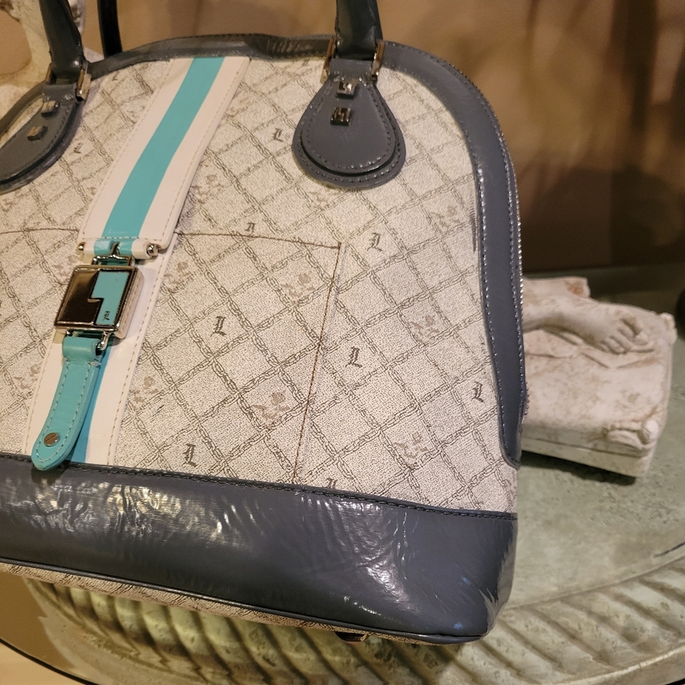L.A.M.B. by Gwen Stefani Kingston Shadow Bowler Bag Leather Blue Stripe #427 - Picture 15 of 17
